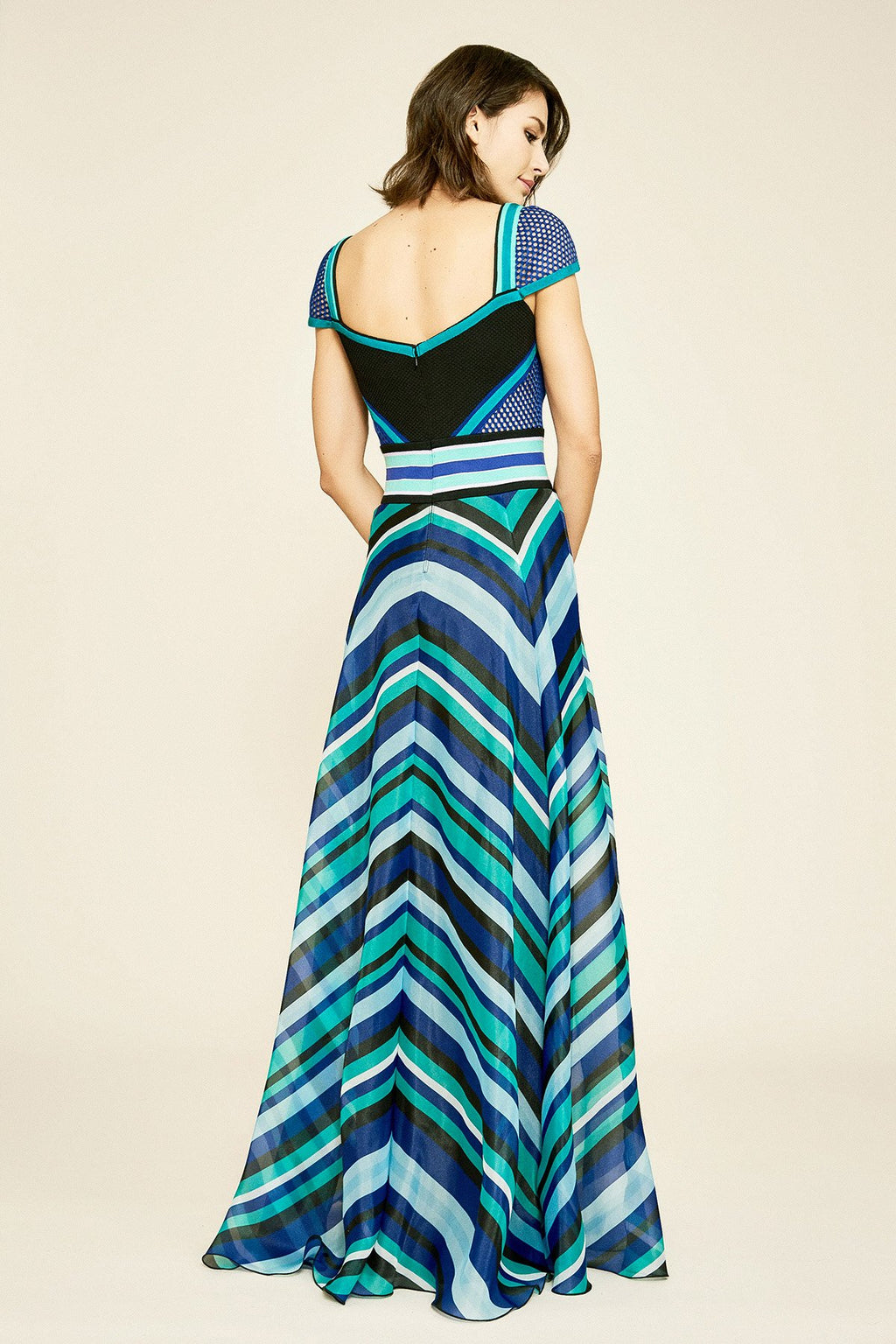 Evert Cap-Sleeve Striped Organza Gown