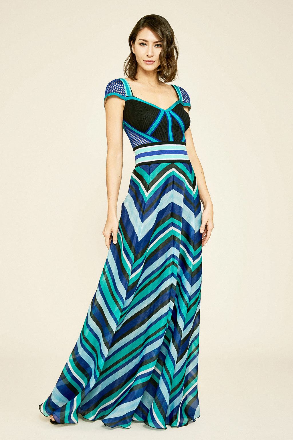 Evert Cap-Sleeve Striped Organza Gown