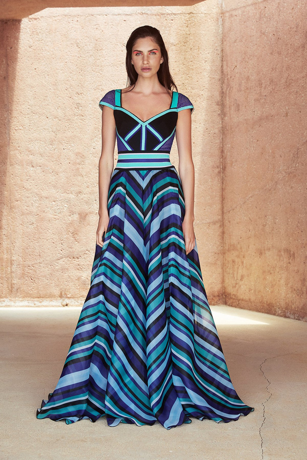 Tadashi Shoji - Evert Cap-Sleeve Striped Organza Gown