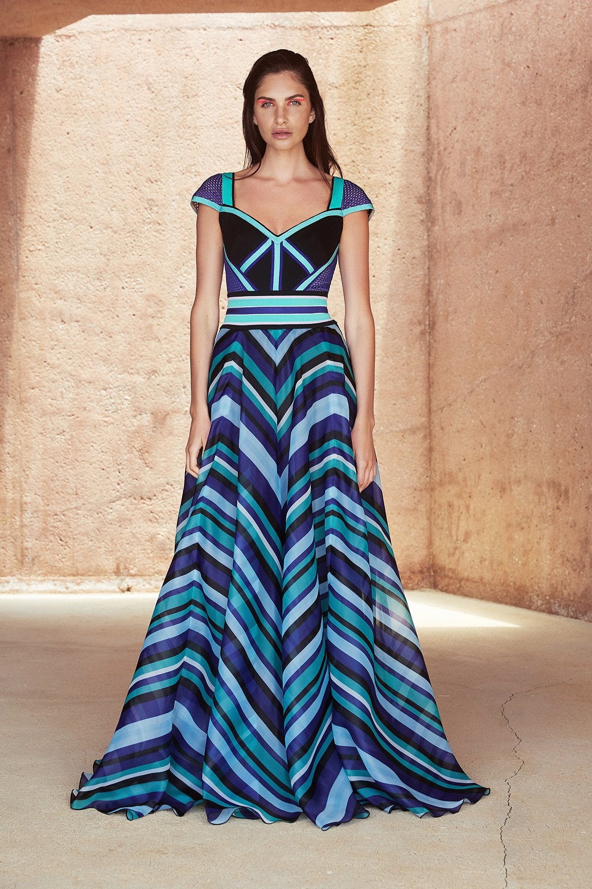 Tadashi Shoji - Evert Cap-Sleeve Striped Organza Gown
