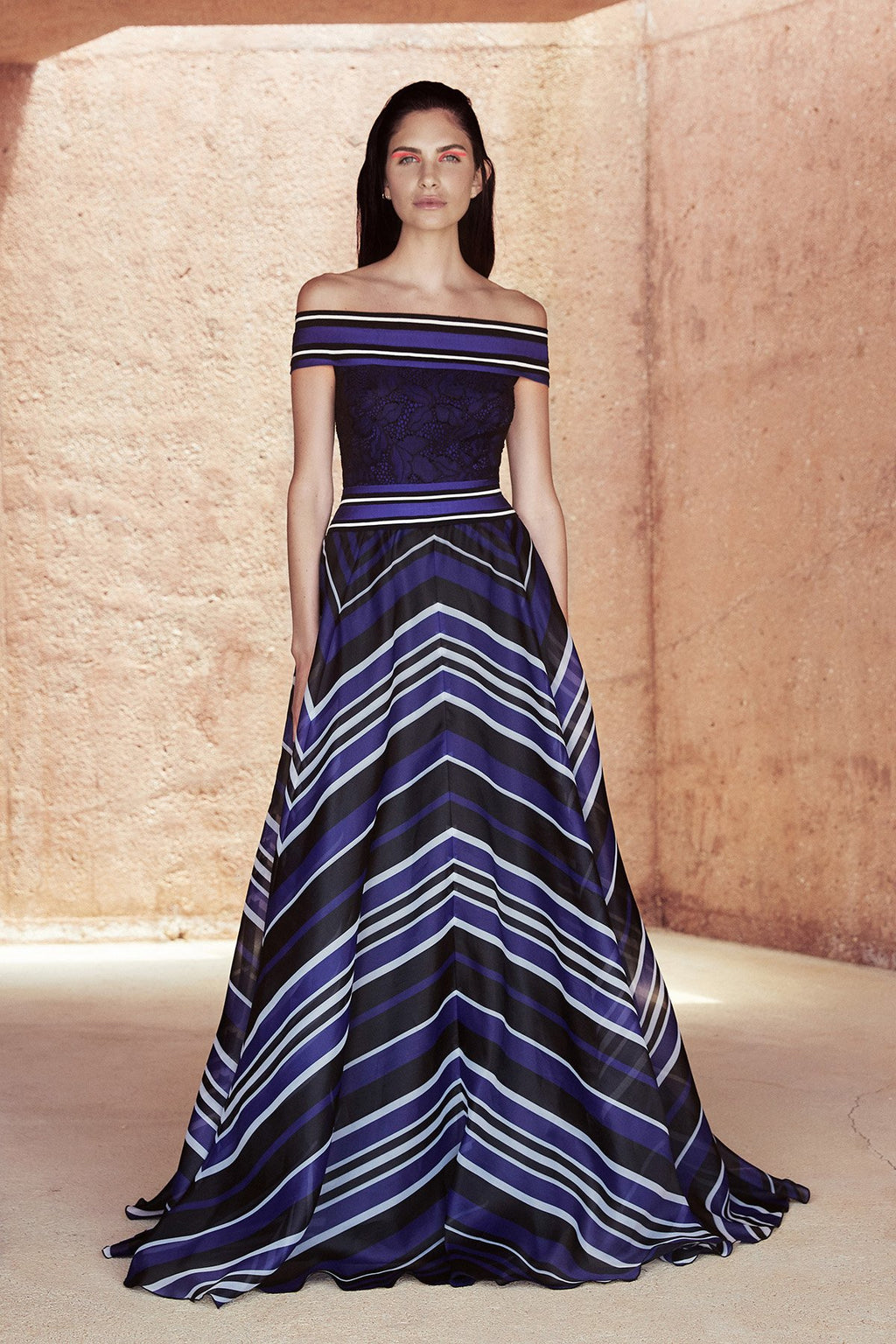 Tadashi Shoji - Ennis Off-The-Shoulder Striped Organza Gown