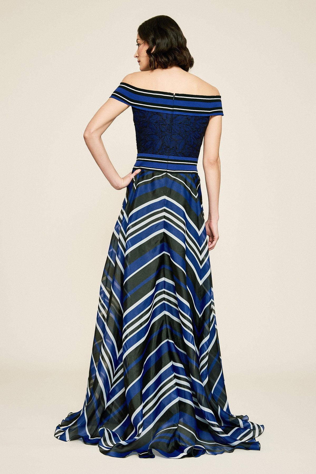 Tadashi Shoji - Ennis Off-The-Shoulder Striped Organza Gown