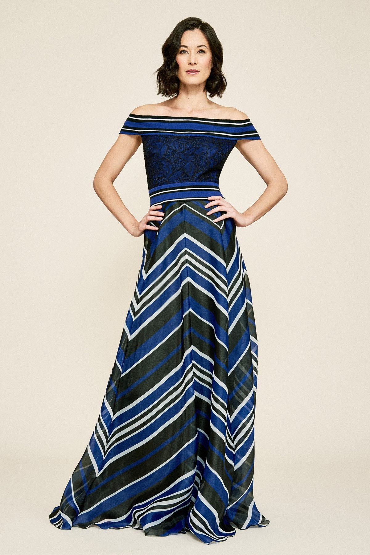 Tadashi Shoji - Ennis Off-The-Shoulder Striped Organza Gown