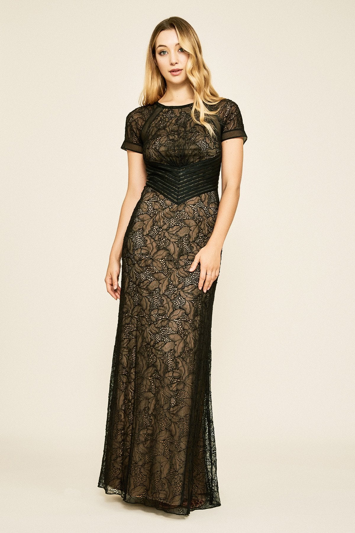 Danica Short-Sleeve Lace Gown