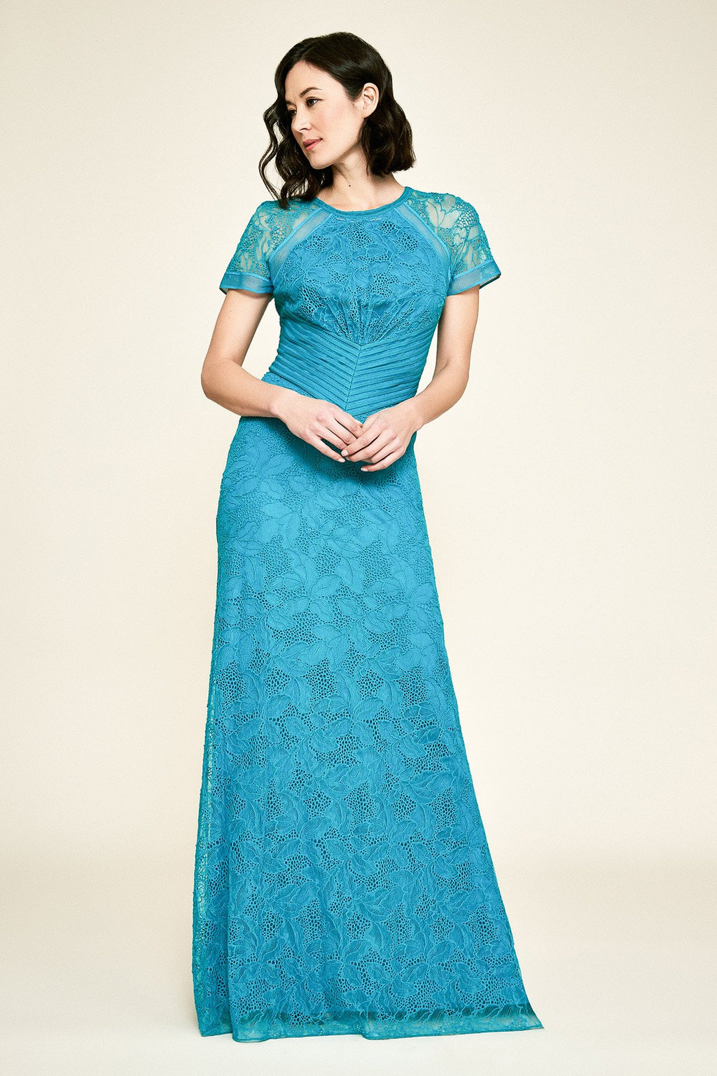 Danica Short-Sleeve Lace Gown