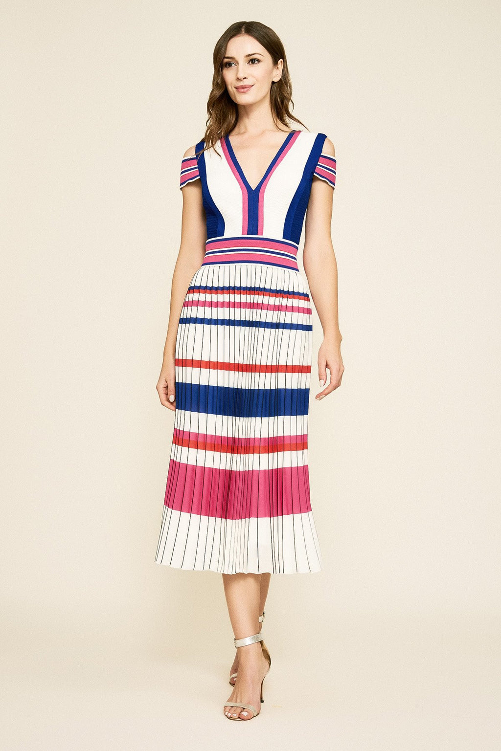 Tadashi Shoji - Retton Cold-Shoulder Pleated Tea-Length Dress