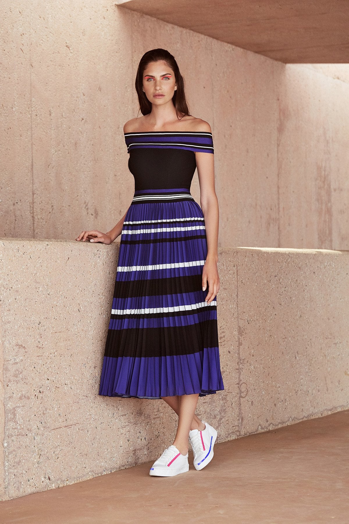 Tadashi Shoji - Powell Pleated Off-The-Shoulder Tea-Length Dress