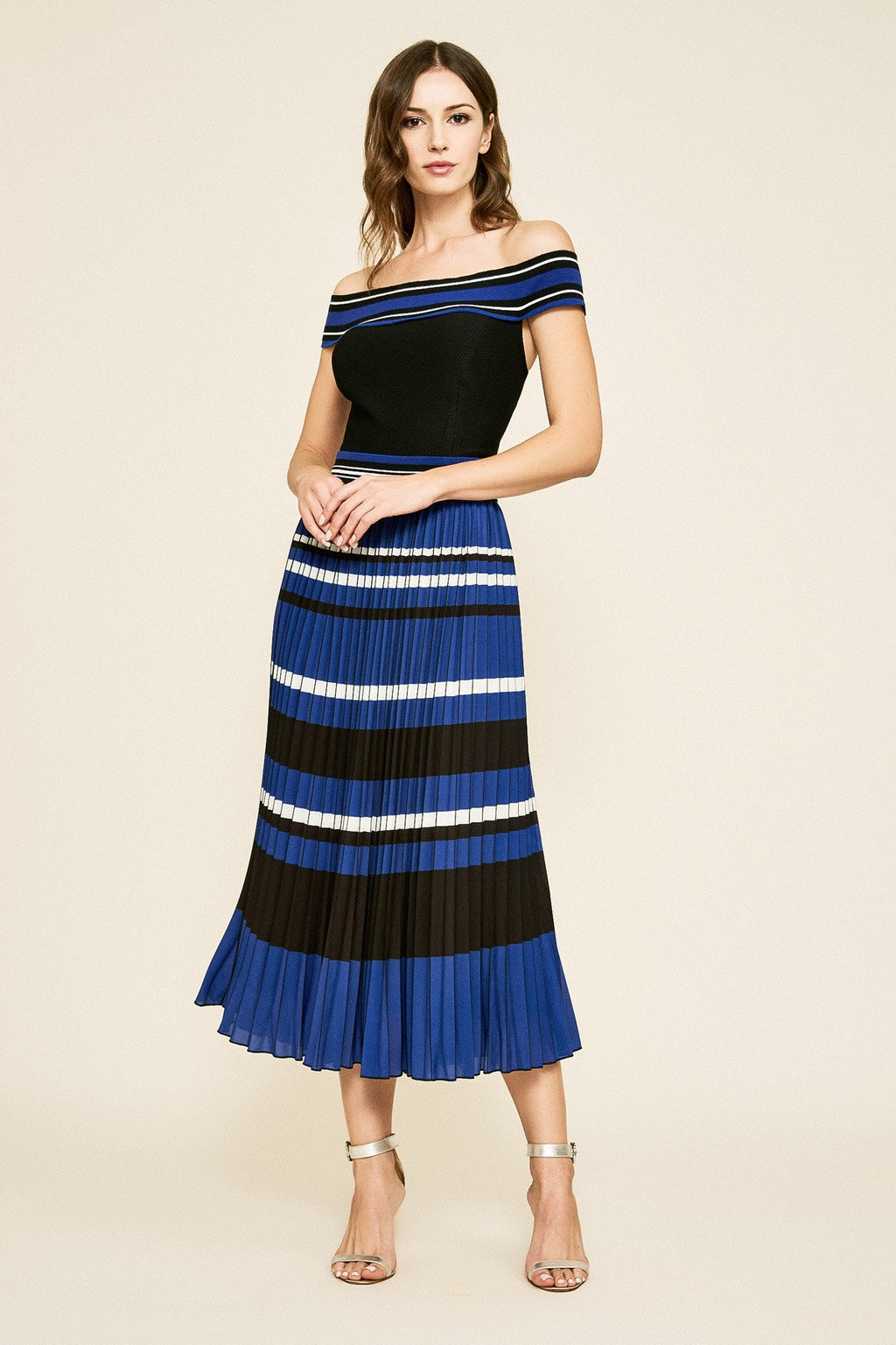 Tadashi Shoji - Powell Pleated Off-The-Shoulder Tea-Length Dress
