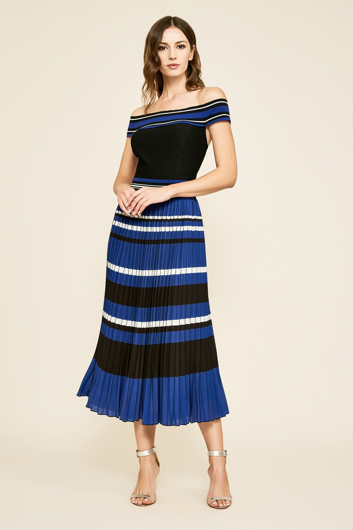 Tadashi Shoji - Powell Pleated Off-The-Shoulder Tea-Length Dress