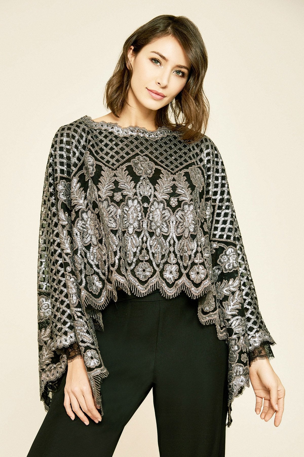 Pictor Metallic Embroidered Overlay Cape