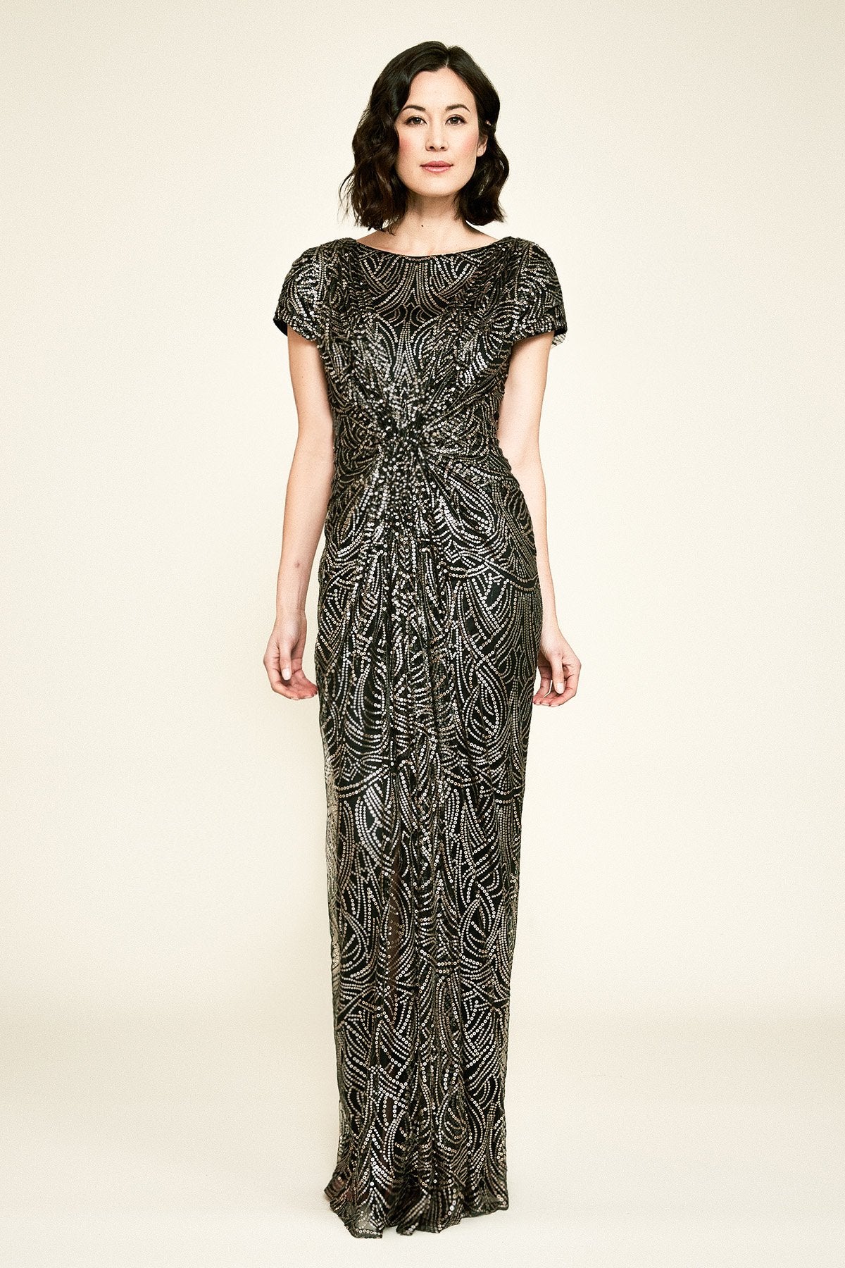 Tadashi Shoji - Binnie Metallic Embroidered Draped Gown
