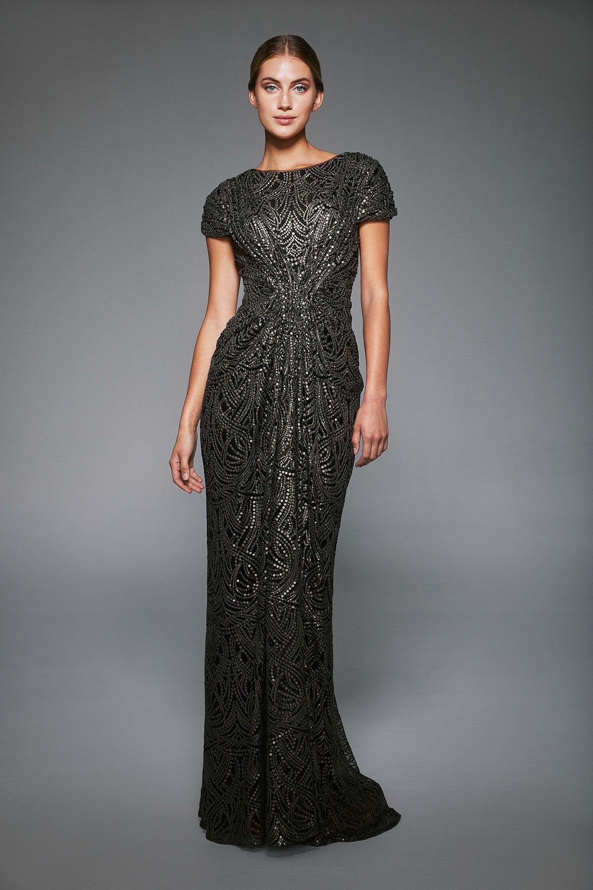Tadashi Shoji - Binnie Metallic Embroidered Draped Gown