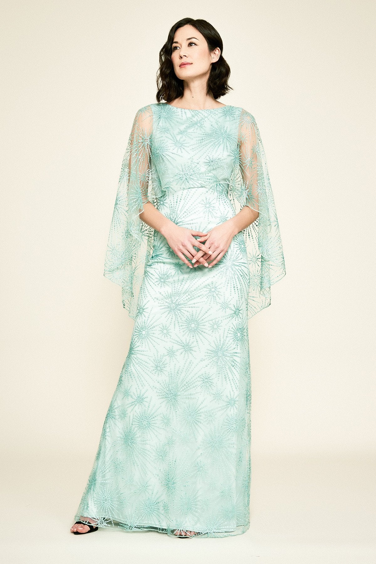 Tadashi Shoji - Mir Embroidered Tulle Cape Gown