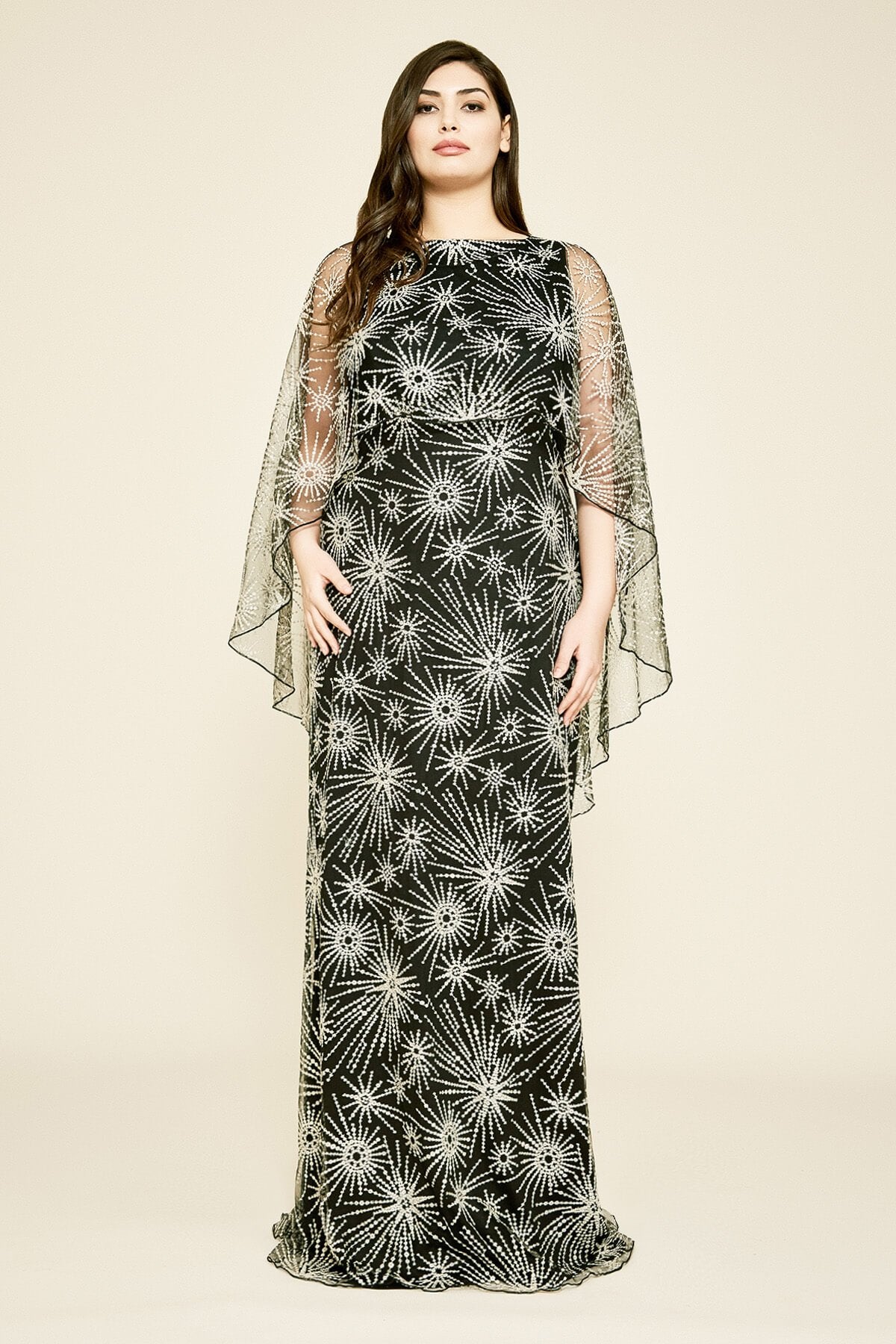 Tadashi Shoji - Mir Embroidered Tulle Cape Gown - PLUS SIZE