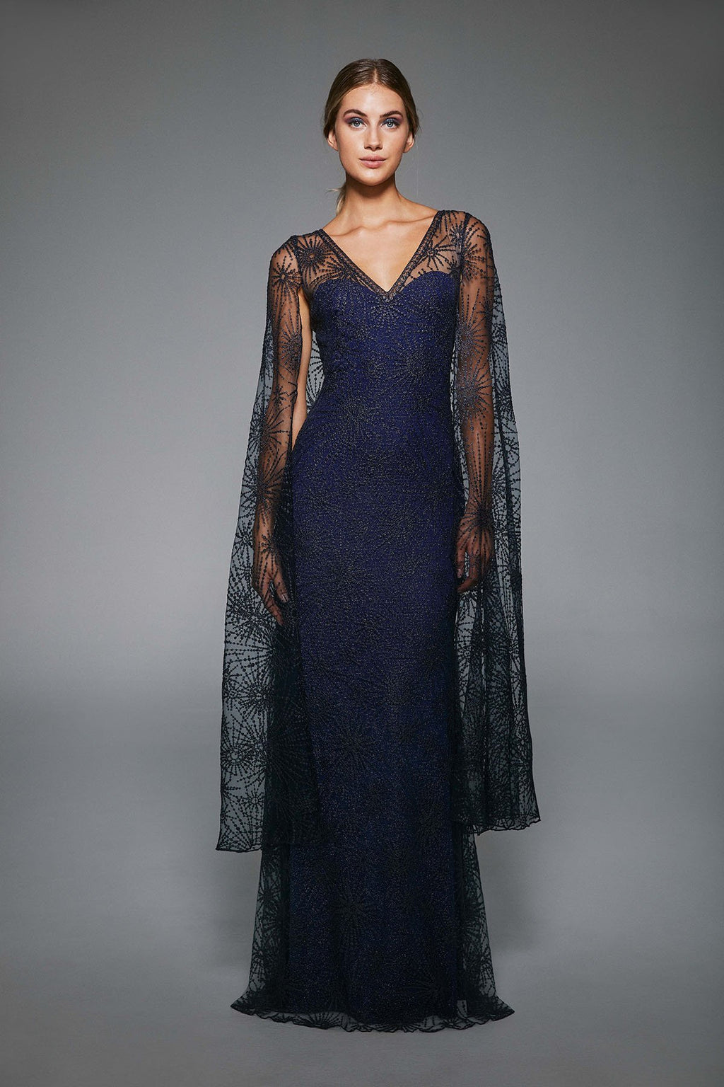 Tadashi Shoji - Voyager Embroidered Cape Gown