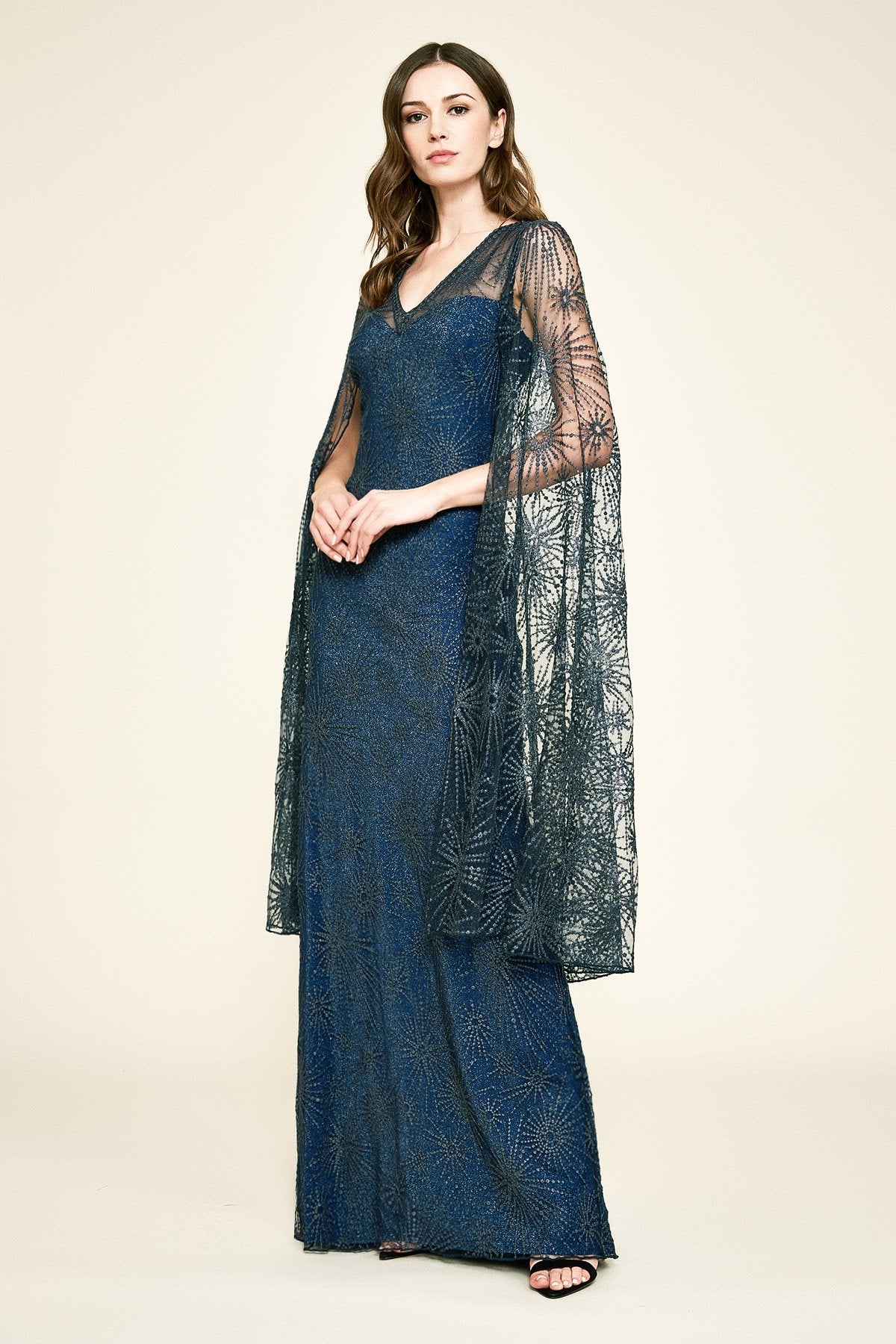 Tadashi Shoji - Voyager Embroidered Cape Gown