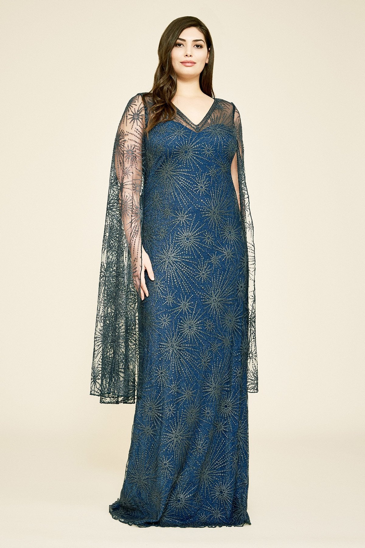 Tadashi Shoji - Voyager Embroidered Cape Gown - PLUS SIZE