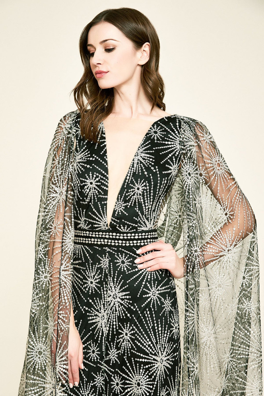 Tadashi Shoji - Pogue Embroidered Tulle Cape Gown