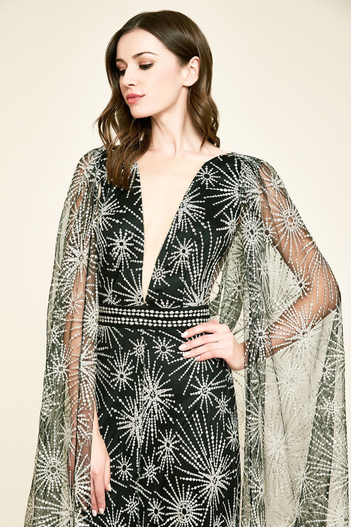 Tadashi Shoji - Pogue Embroidered Tulle Cape Gown