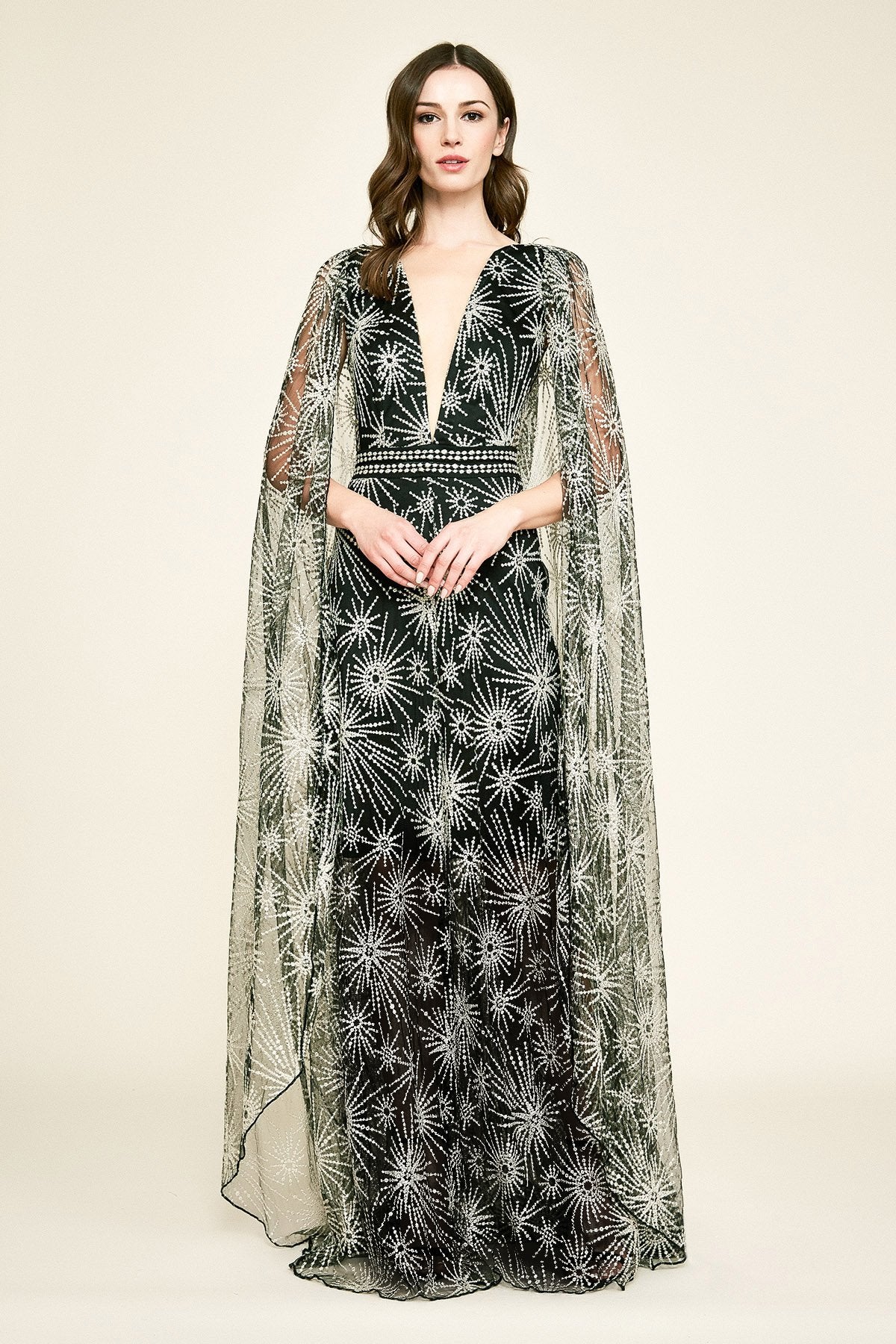 Pogue Embroidered Tulle Cape Gown