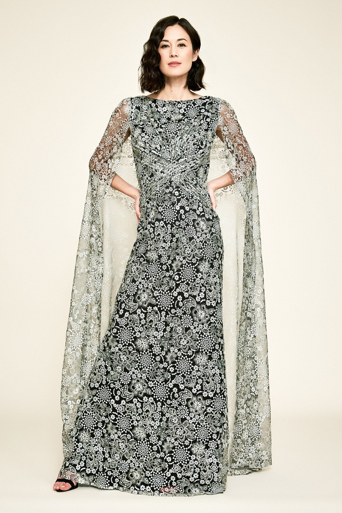 Tadashi Shoji - Auriga Embroidered Tulle Cape Gown