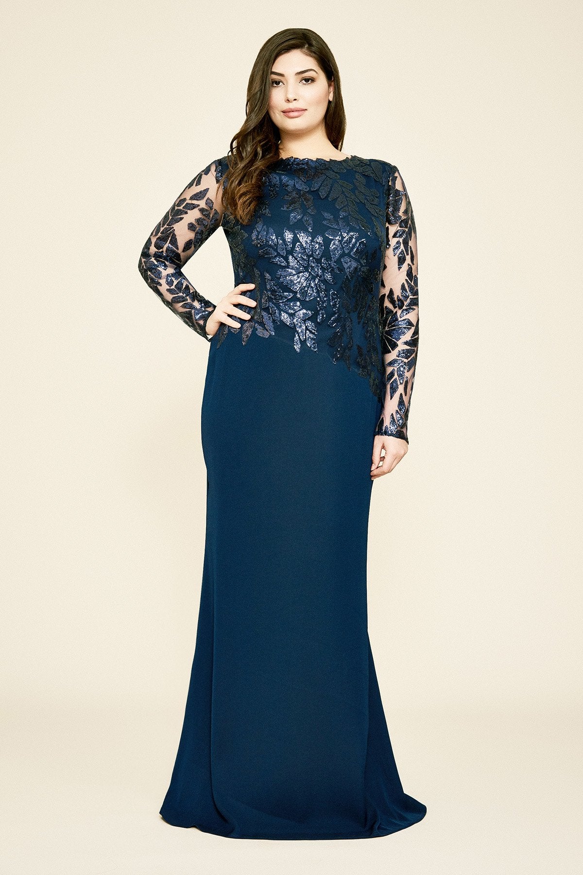 Tadashi Shoji - Gaia Long-Sleeve Crepe & Sequin Gown - PLUS SIZE