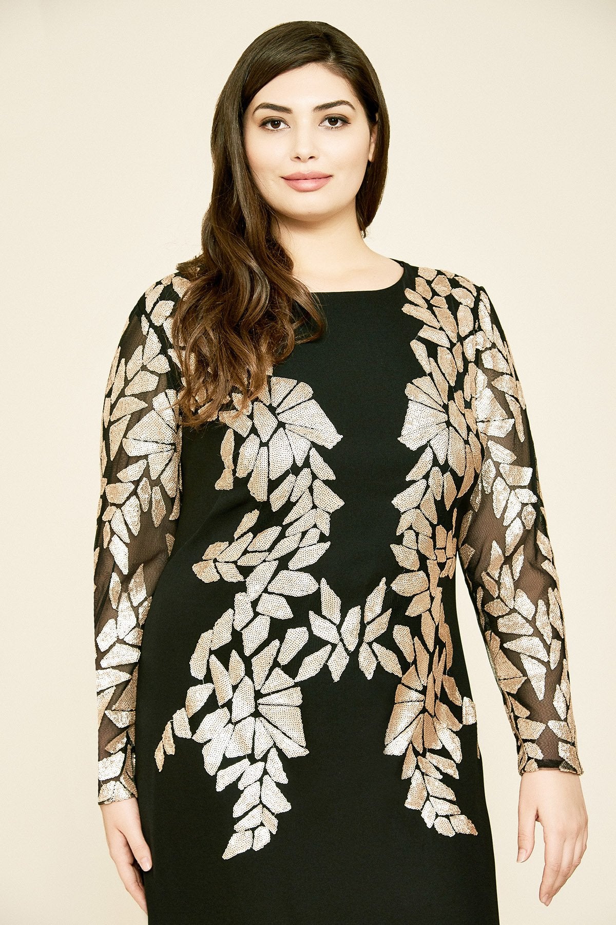 Tadashi Shoji - Sunita Crepe & Sequin Long-Sleeve Gown - PLUS SIZE