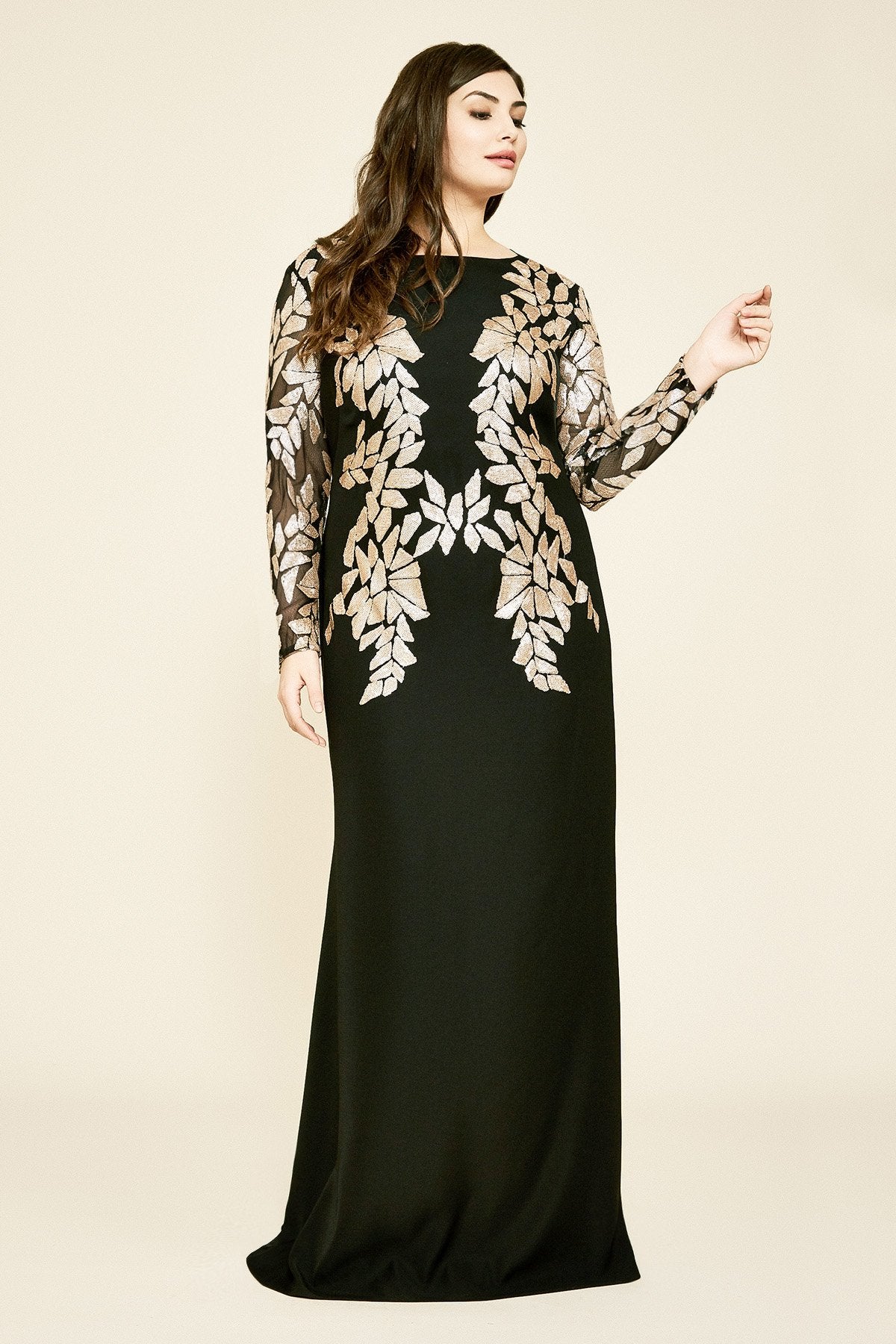Tadashi Shoji - Sunita Crepe & Sequin Long-Sleeve Gown - PLUS SIZE