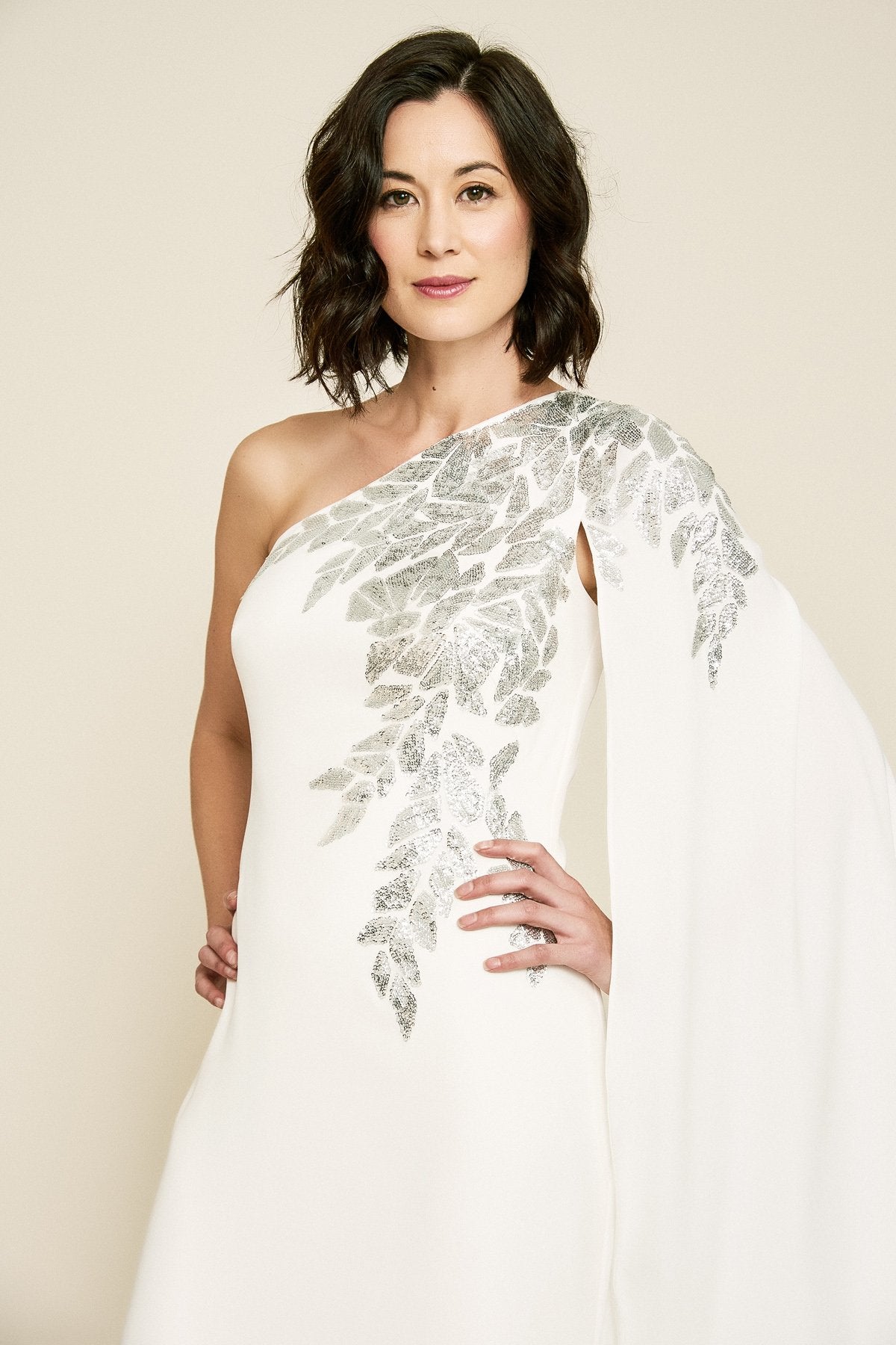 Columba One-Shoulder Sequin Crepe Gown