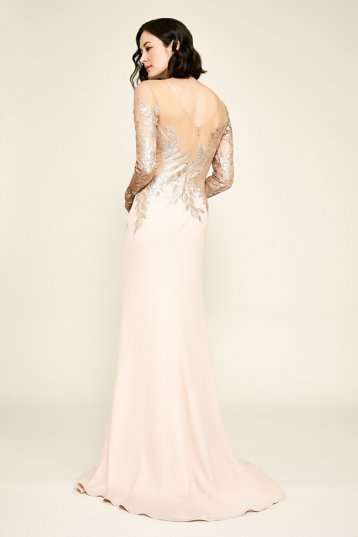 Finley Long-Sleeve Crepe Sequin Gown