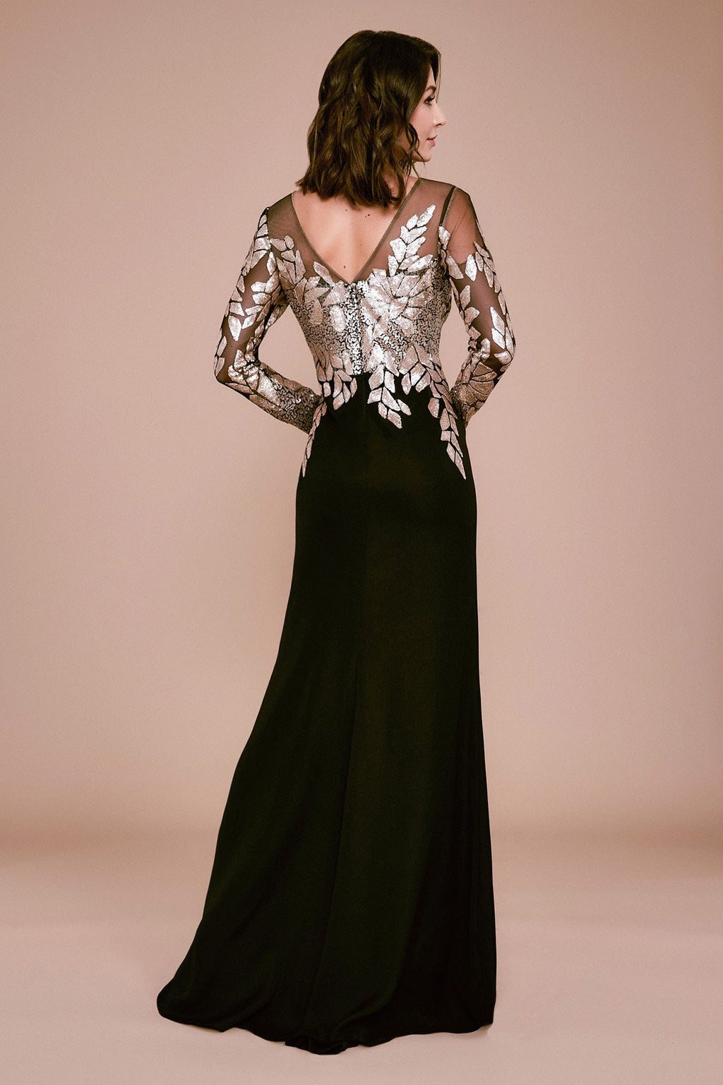 Finley Long-Sleeve Crepe Sequin Gown