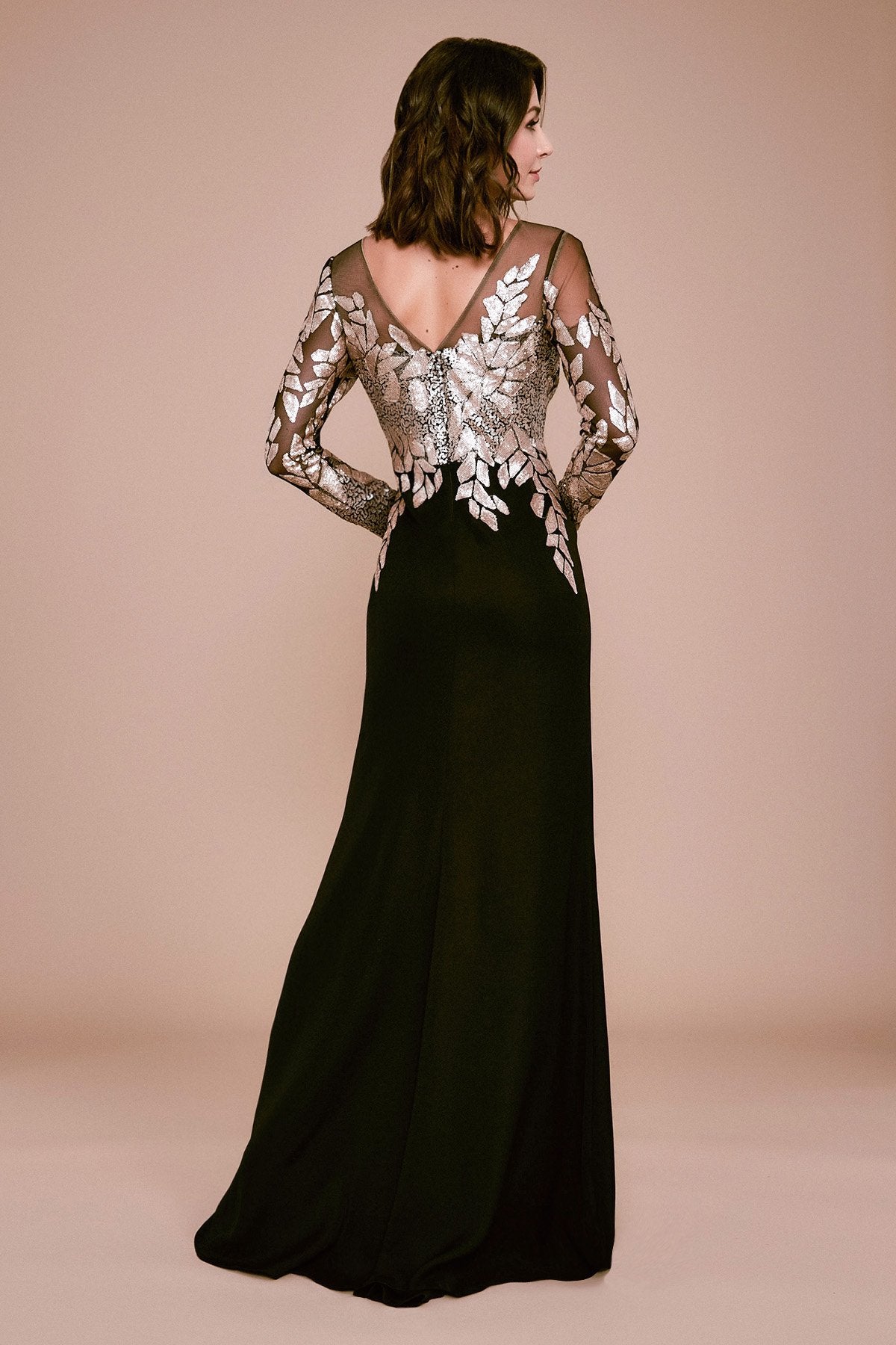 Finley Long-Sleeve Crepe Sequin Gown