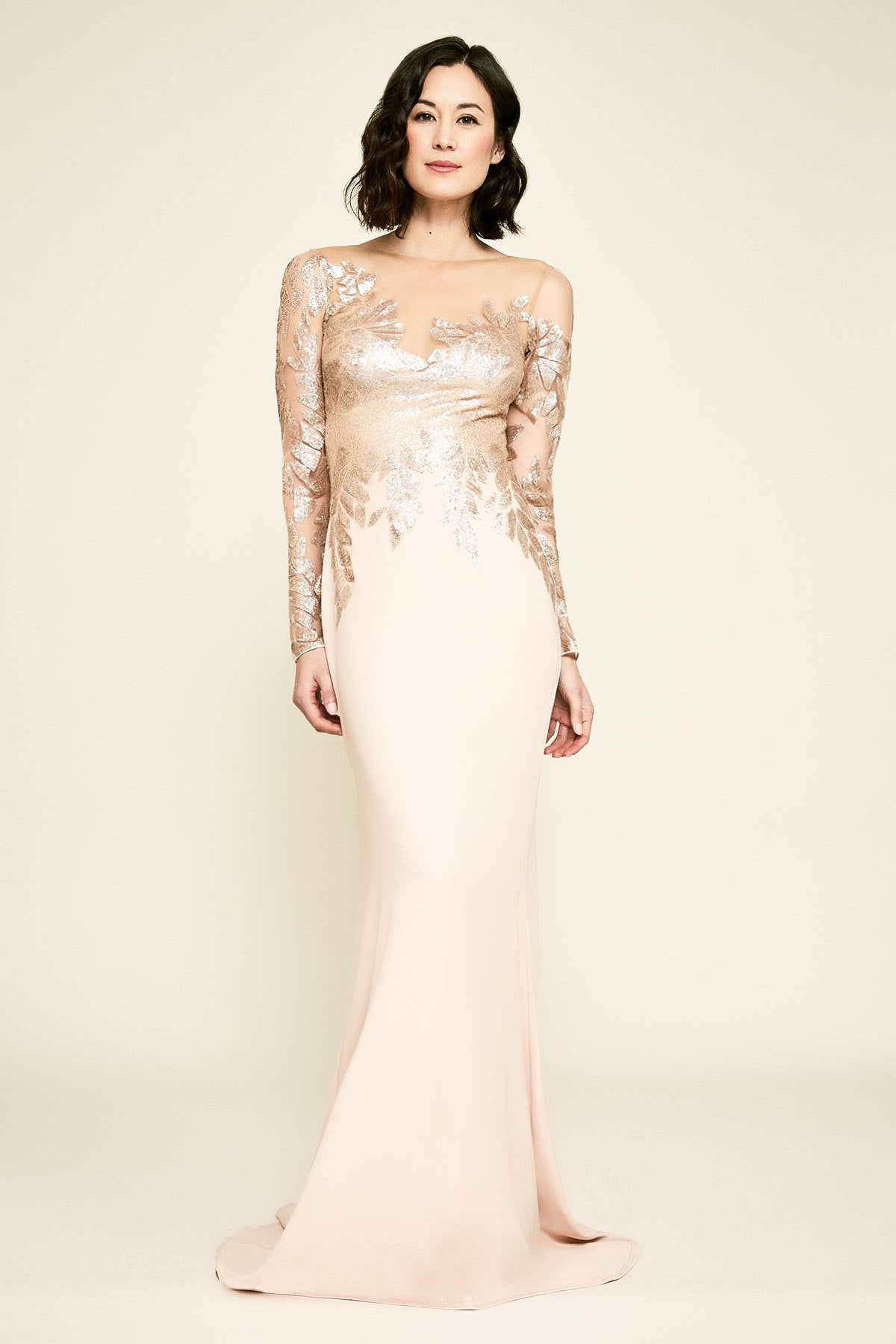 sequin detail long sleeve cocktail dress sho by tadashi shoji Finley Long-Sleeve Crepe Sequin Gown – Tadashi Shoji Official Online  Boutique
