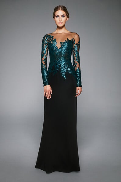 sequin detail long sleeve cocktail dress sho by tadashi shoji Finley Long-Sleeve Crepe Sequin Gown – Tadashi Shoji Official Online  Boutique
