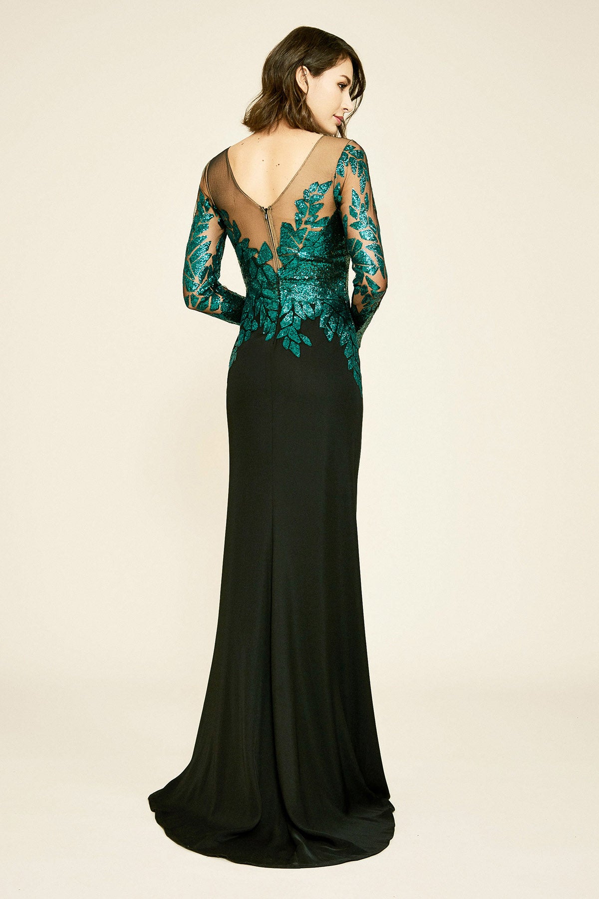 Finley Long-Sleeve Crepe Sequin Gown - PETITE