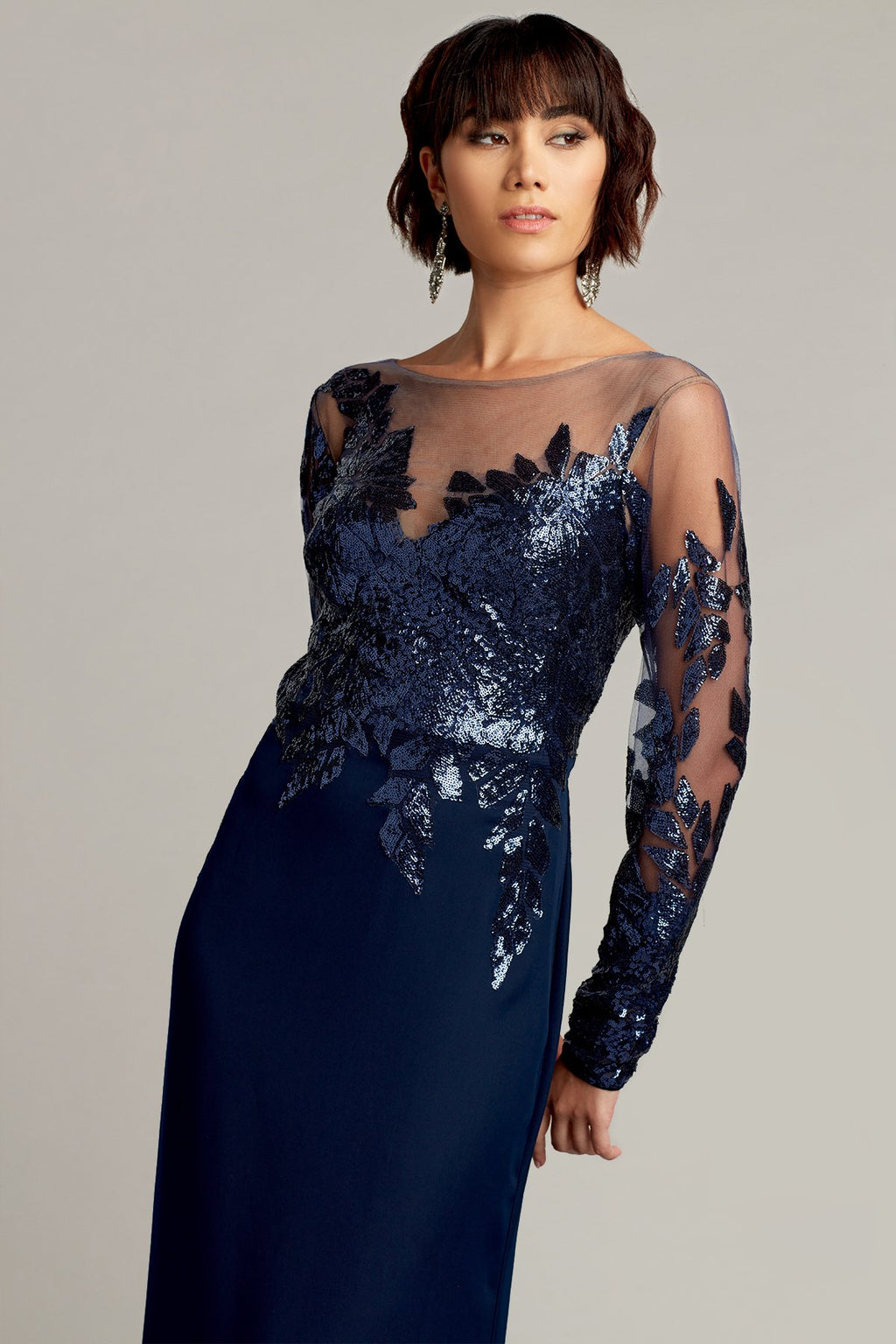 Finley Long-Sleeve Crepe Sequin Gown
