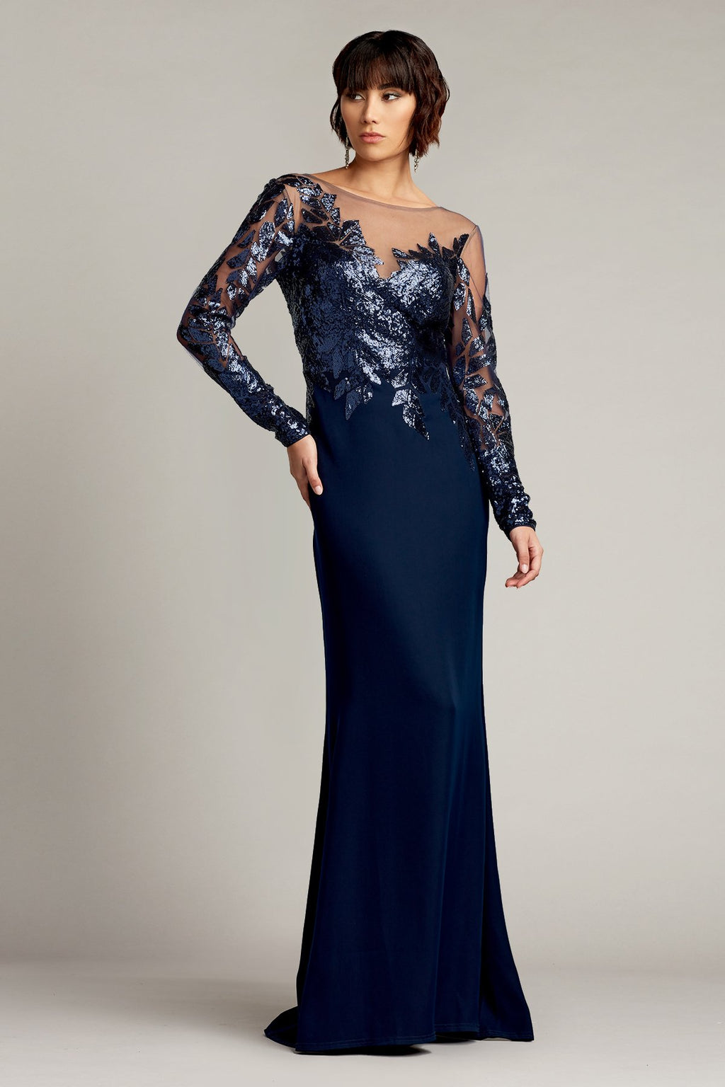 Finley Long-Sleeve Crepe Sequin Gown
