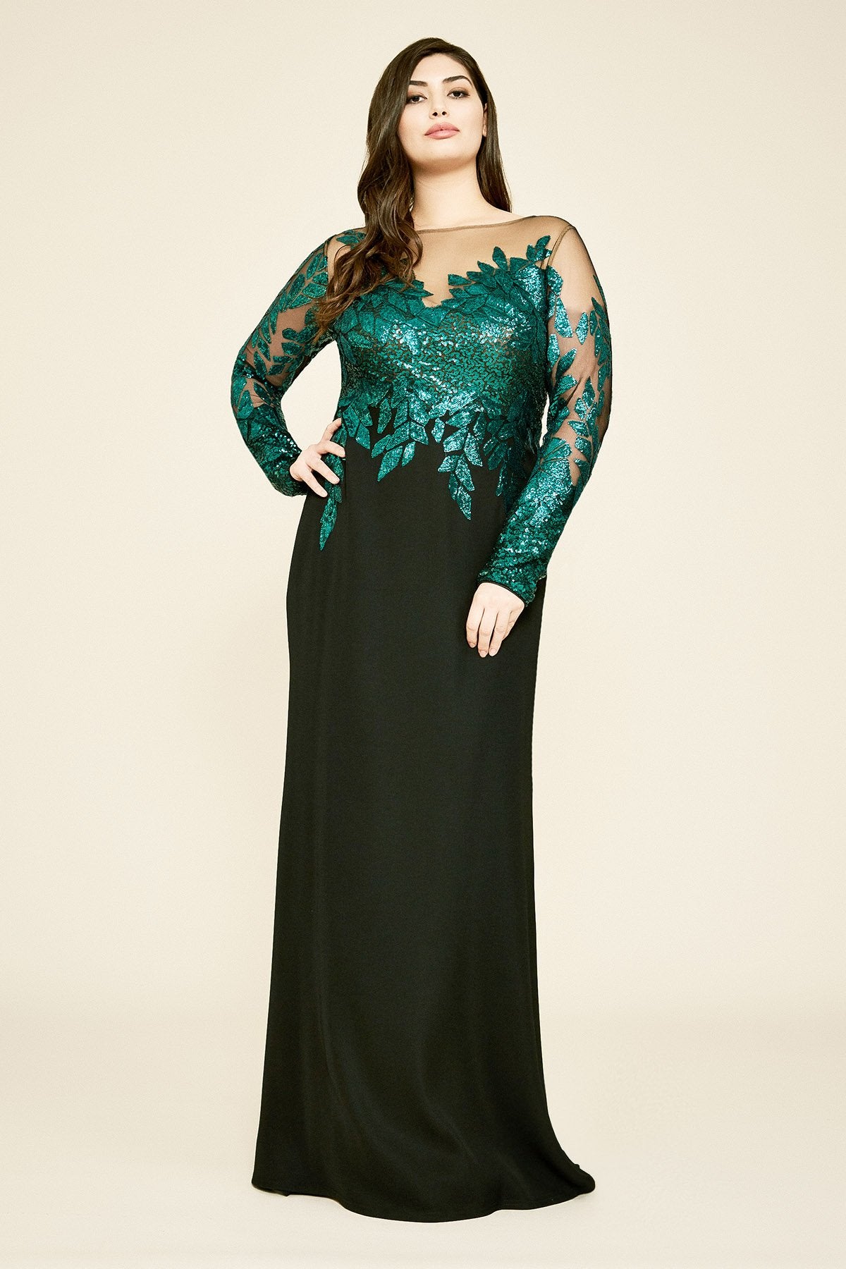 Tadashi Shoji - Finley Long-Sleeve Crepe Sequin Gown - PLUS SIZE