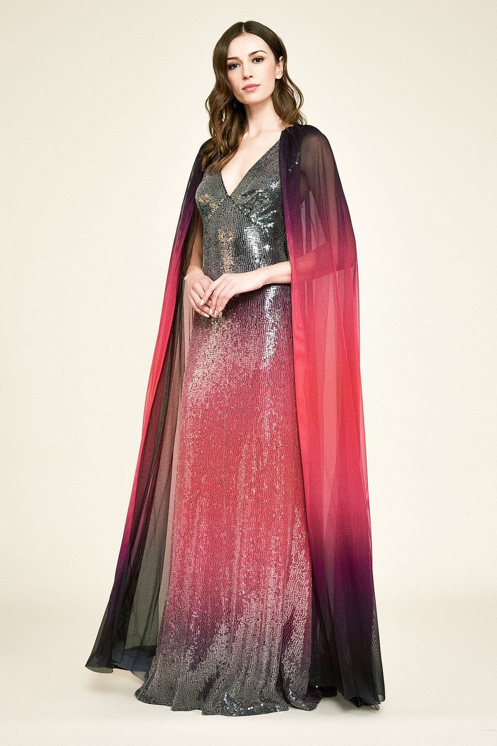 Tadashi Shoji - Grissom Ombre Sequin Cape Gown 
