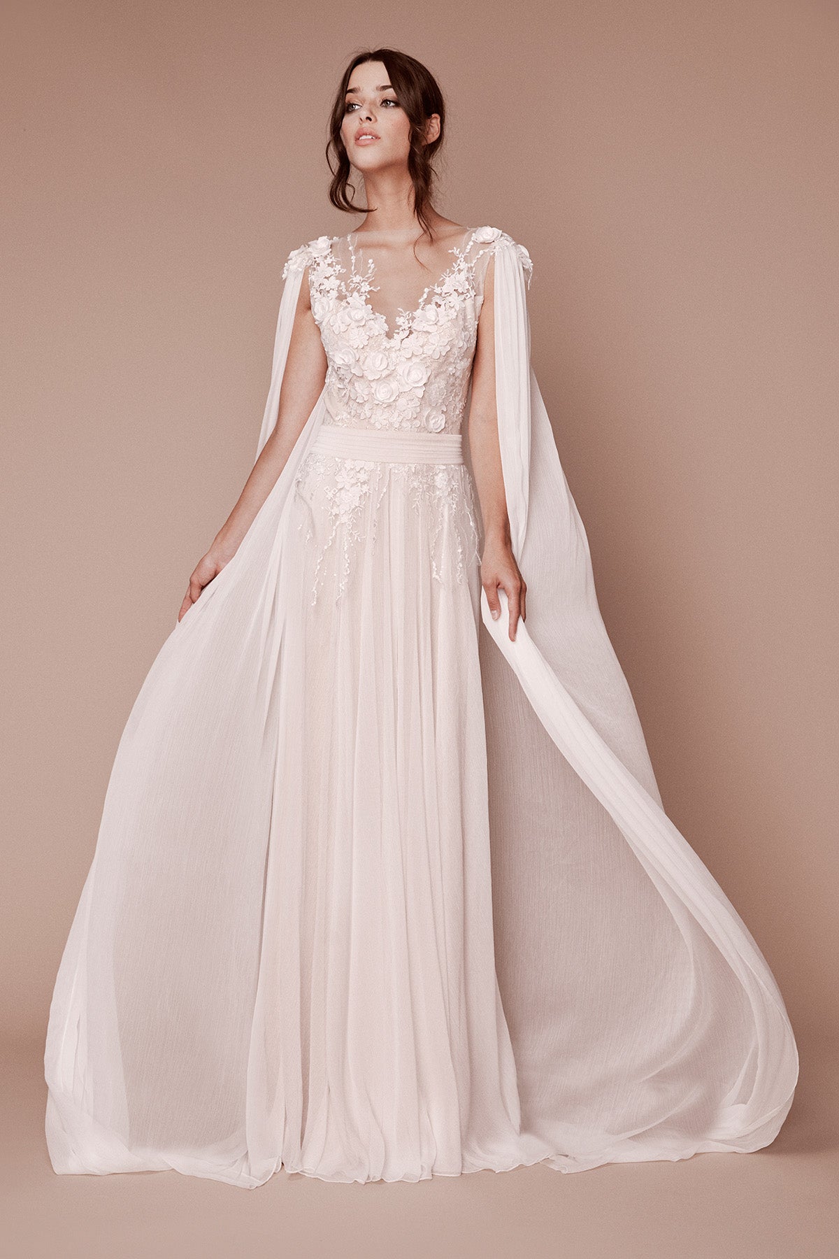Tadashi Shoji - Countess Floral Applique Chiffon Cape Gown