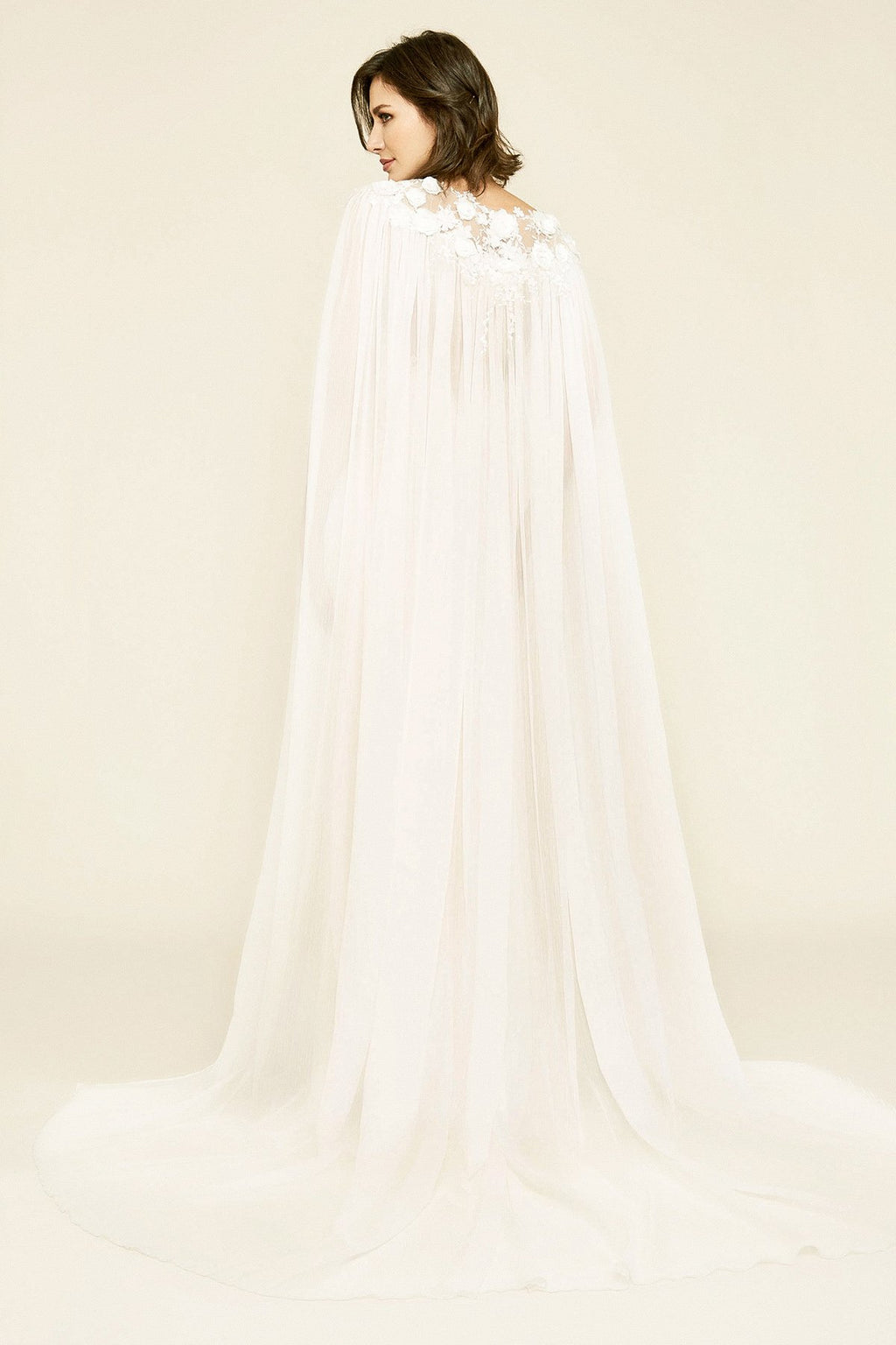Tadashi Shoji - Countess Floral Applique Chiffon Cape Gown