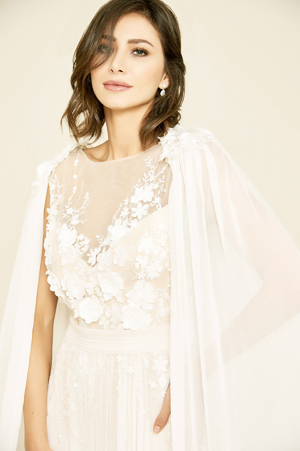 Tadashi Shoji - Countess Floral Applique Chiffon Cape Gown