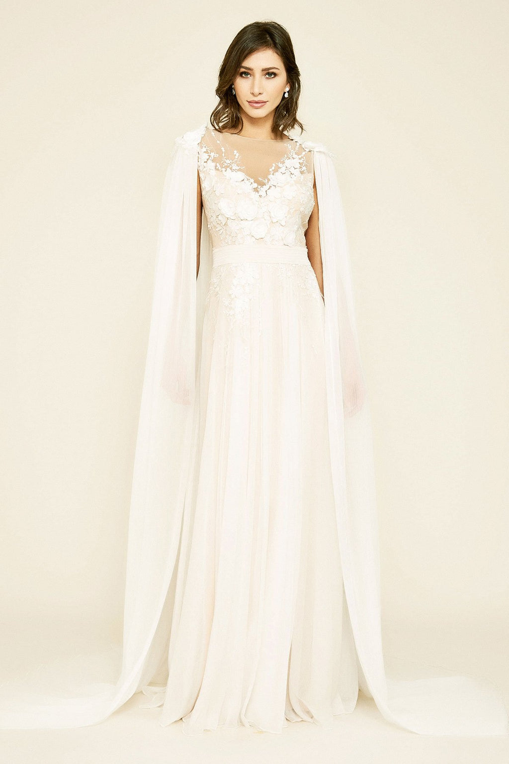 Tadashi Shoji - Countess Floral Applique Chiffon Cape Gown