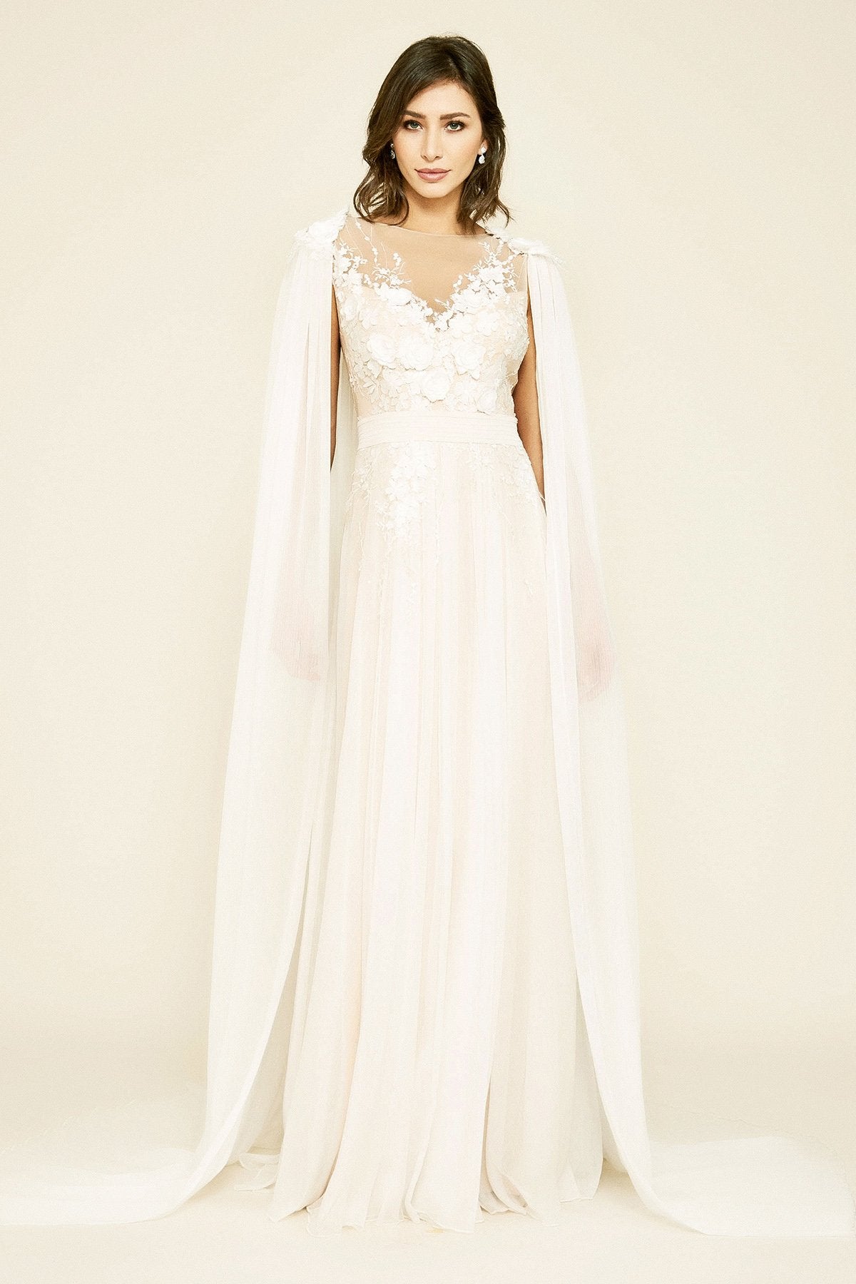 Tadashi Shoji - Countess Floral Applique Chiffon Cape Gown