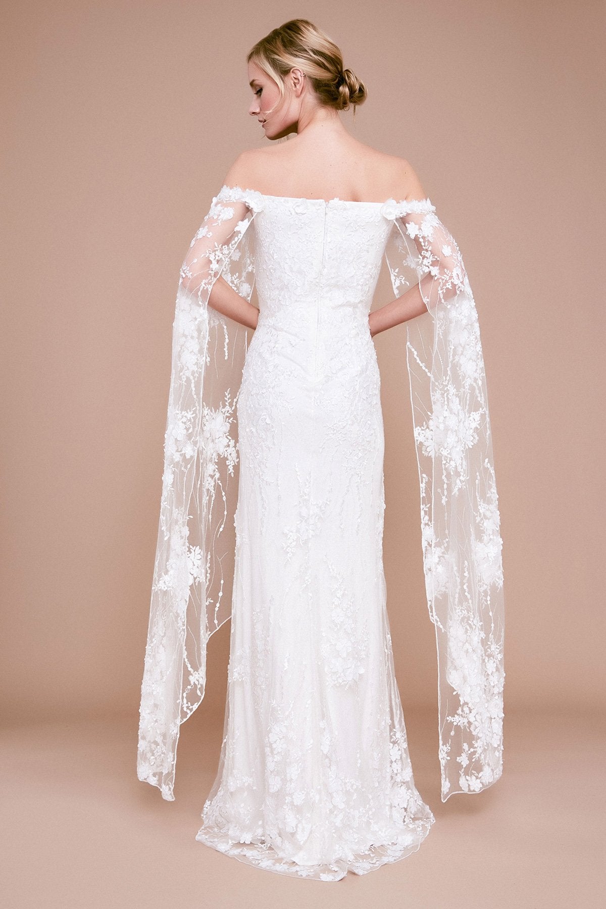 Tadashi Shoji - Haxton Floral Applique Cape Gown