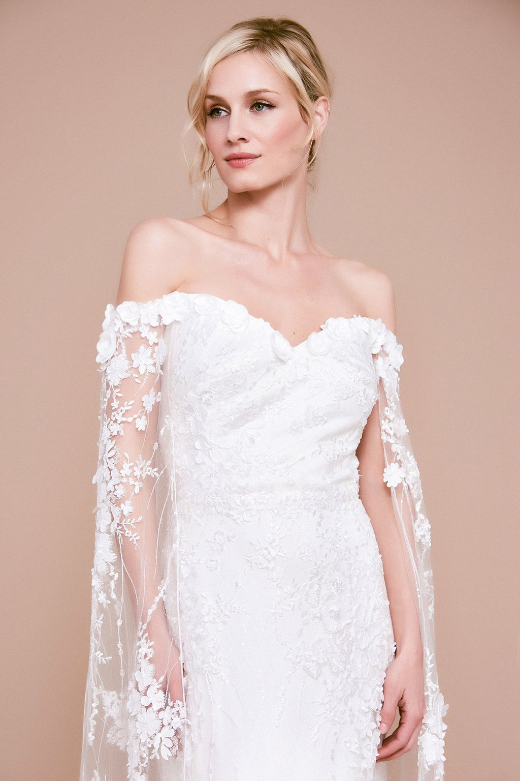 Tadashi Shoji - Haxton Floral Applique Cape Gown