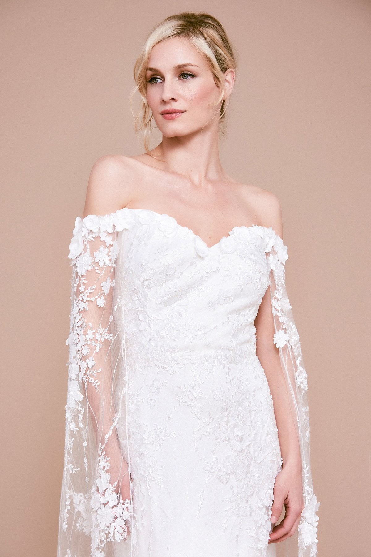 Tadashi Shoji - Haxton Floral Applique Cape Gown