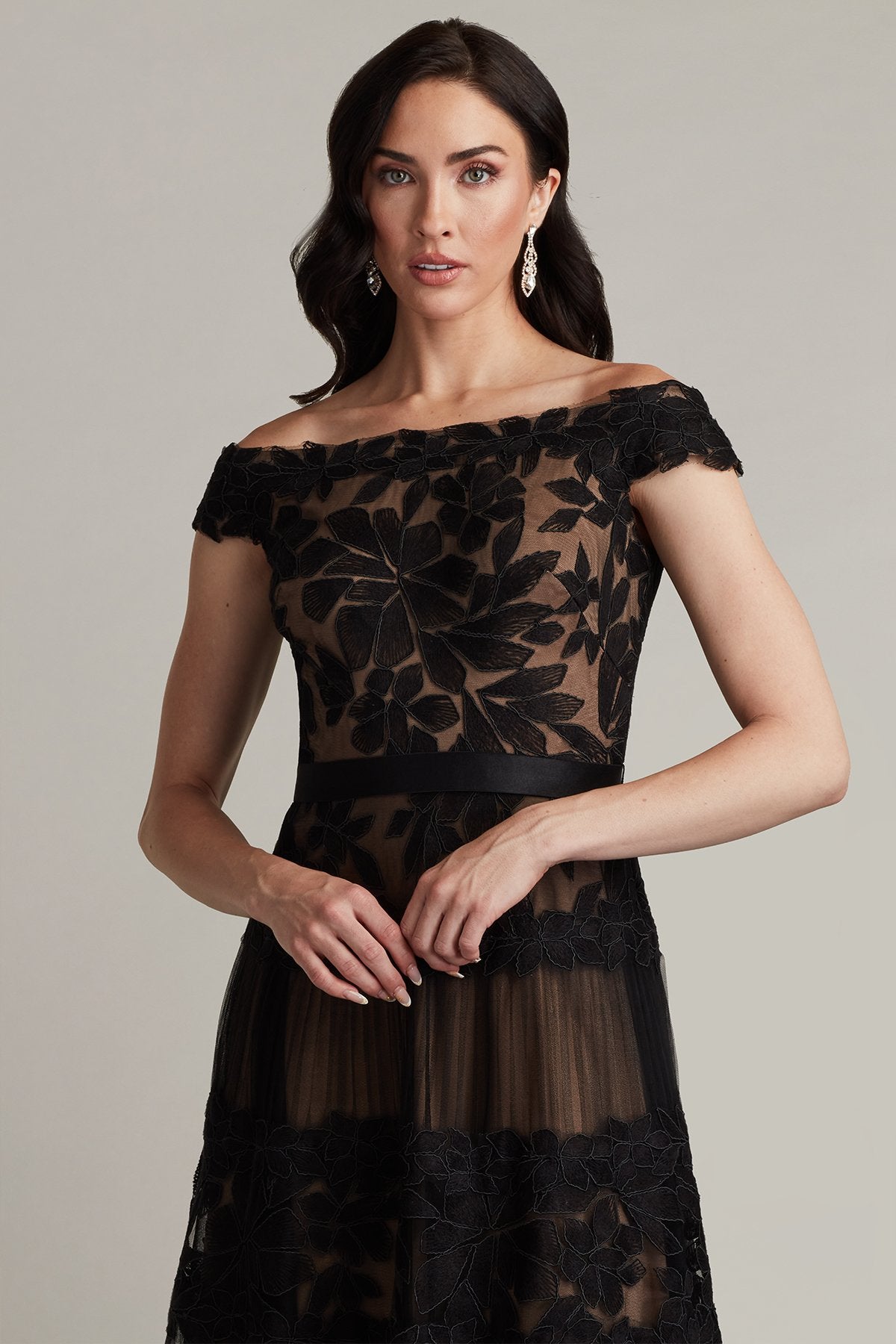 Adriane Floral Embroidered Tea-Length Dress BK – Tadashi Shoji