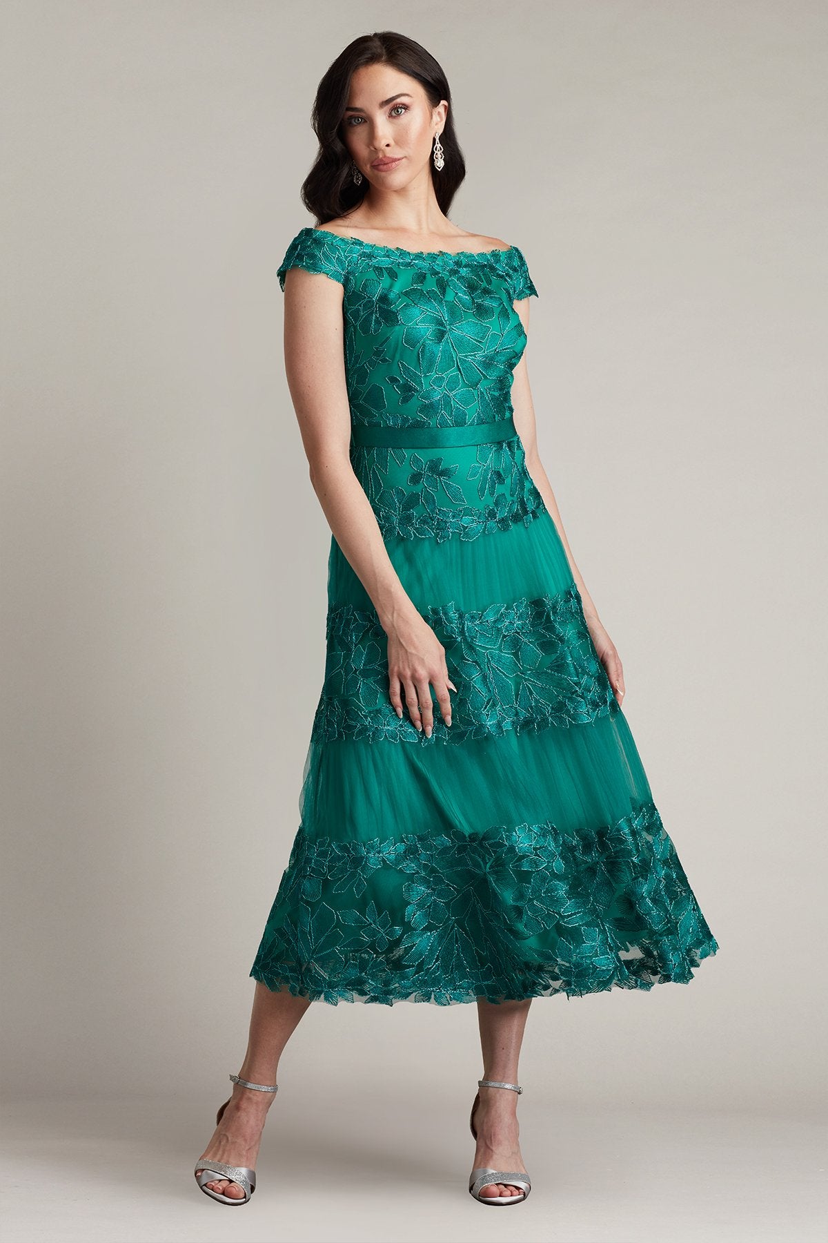 Adriane Floral Embroidered Tea-Length Dress EMERA – Tadashi Shoji