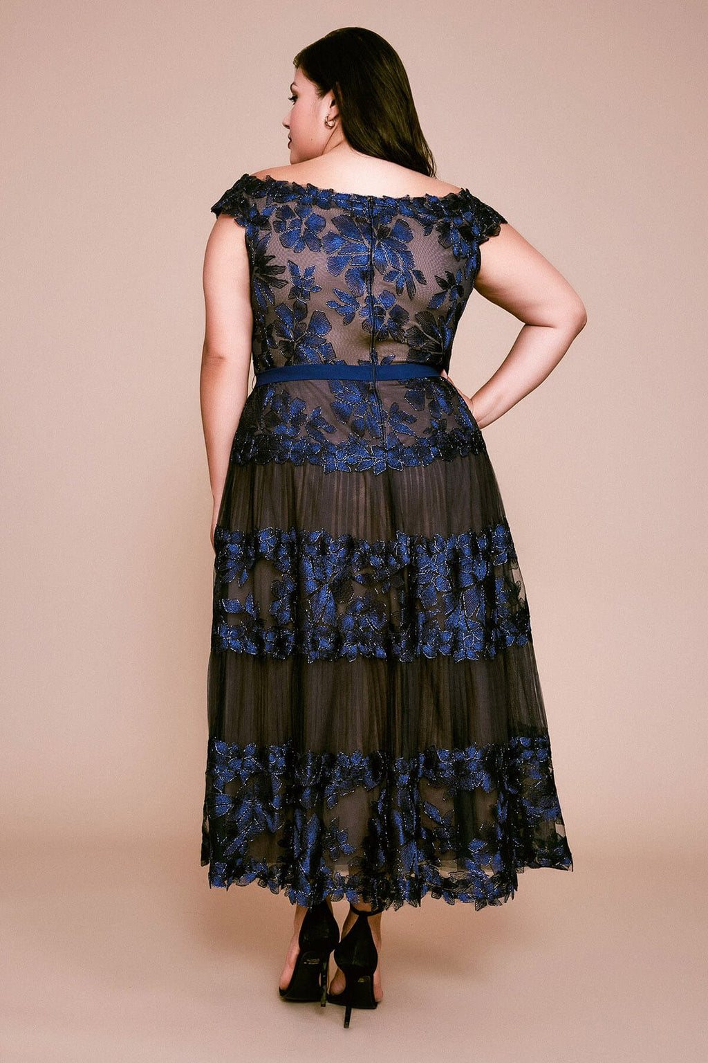 Adriane Floral Embroidered Tea-Length Dress - PLUS SIZE